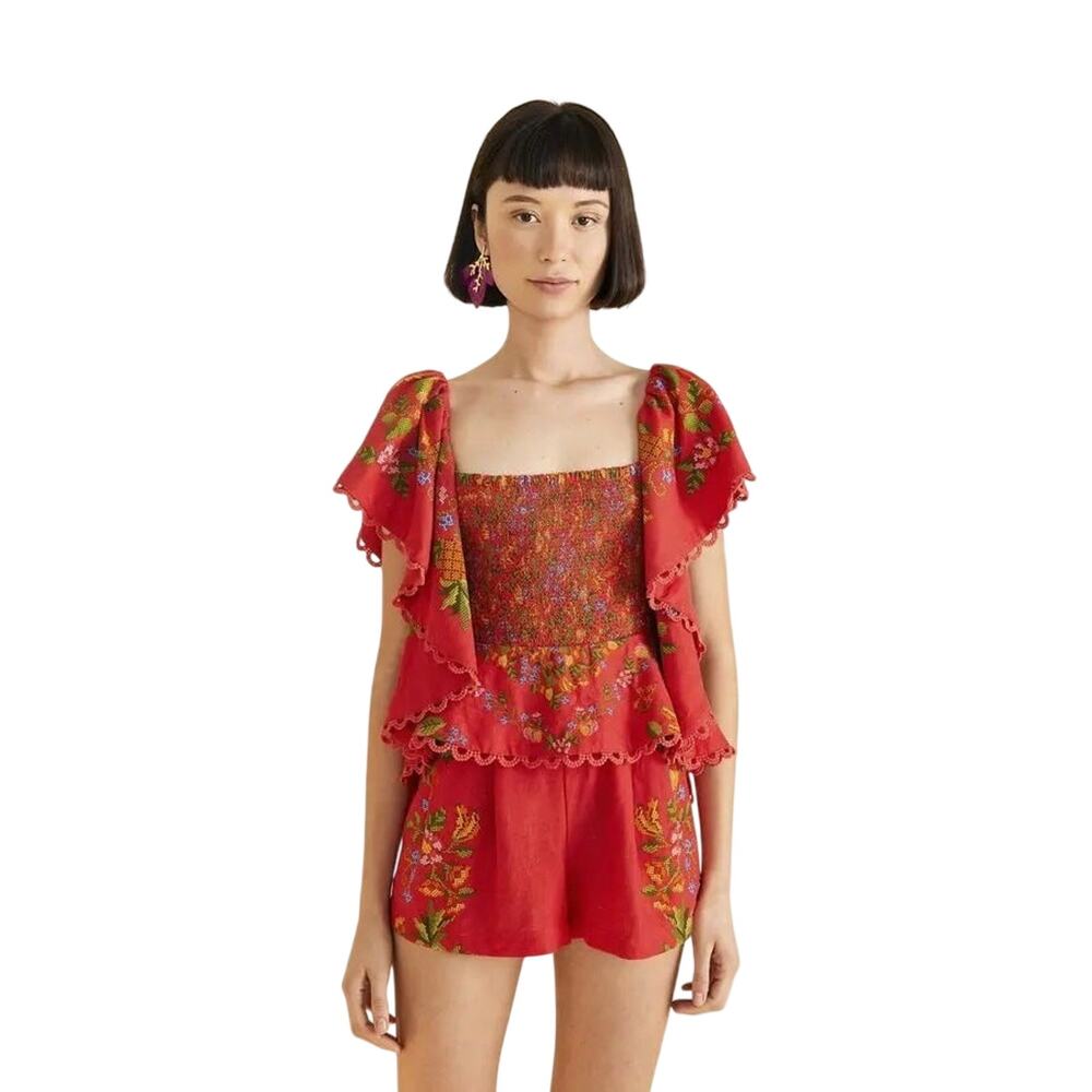 Farm Rio Red Green Ruffle Smocked Romper Tropical Romance Women's Size Medium